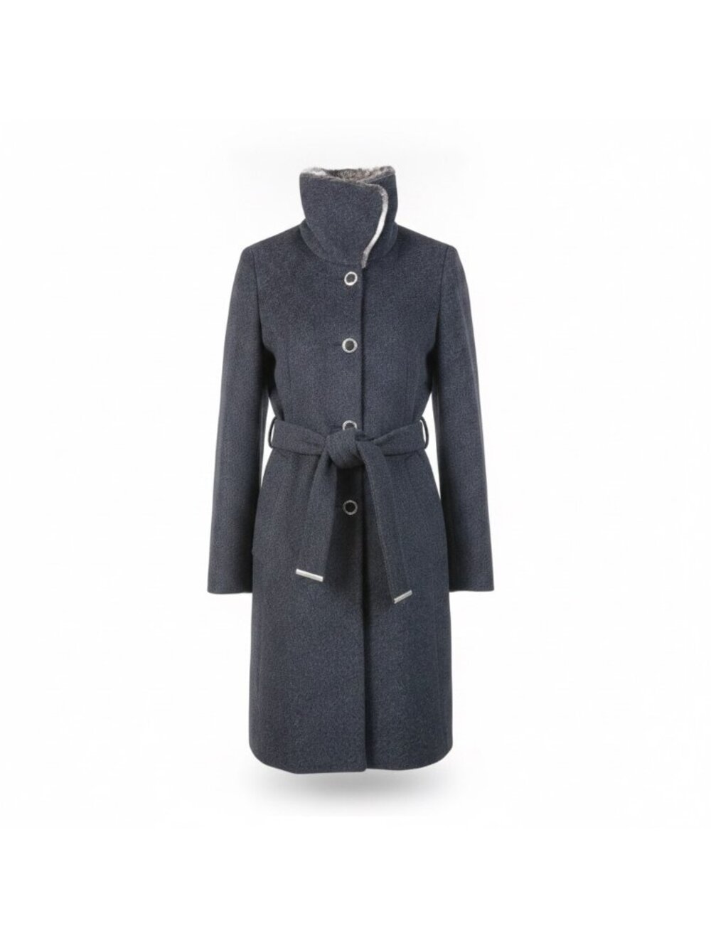 Calvin Klein Womens Charcoal Wool-Blend Belted Coat With Faux Fur Collar